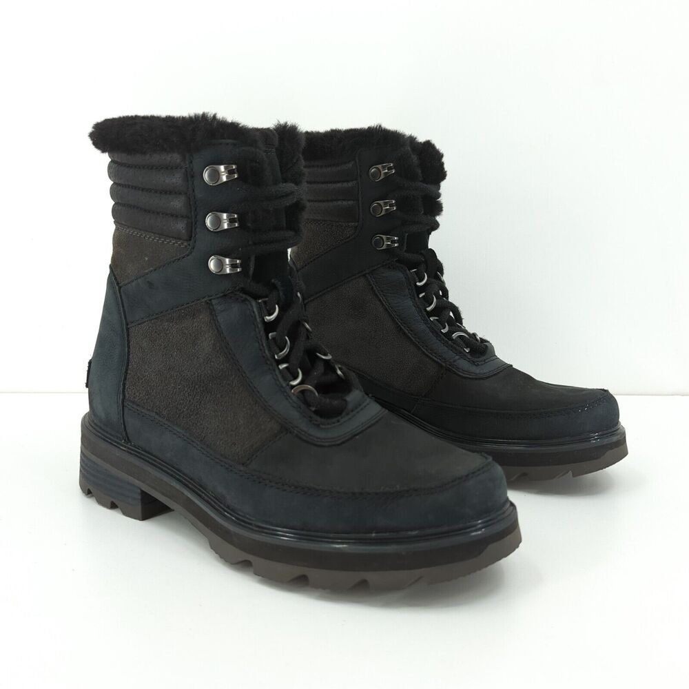 Sorel Women 7 Lennox Lace Cozy Boots Jet Black Leather Suede Waterproof Stacked
